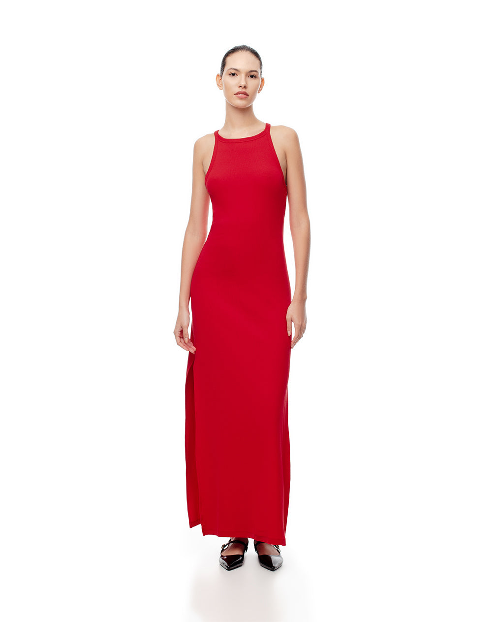 Vestido largo slim rib algodón rojo mujer