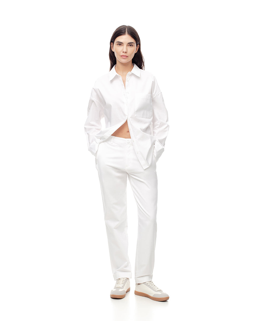 Pantalón recto tiro medio algodón blanco mujer