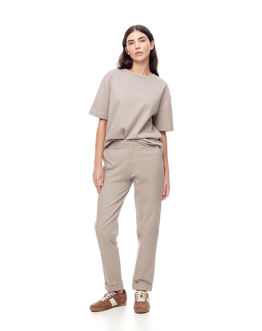 Pantalón recto tiro medio algodón taupe mujer