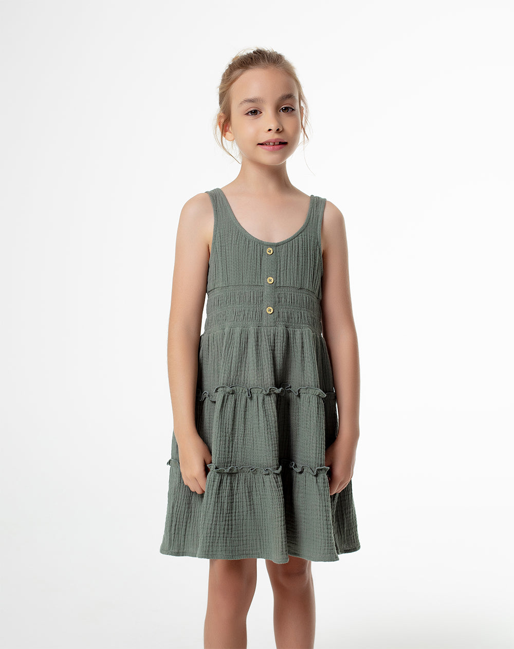 Vestido corto capas algodón verde niña