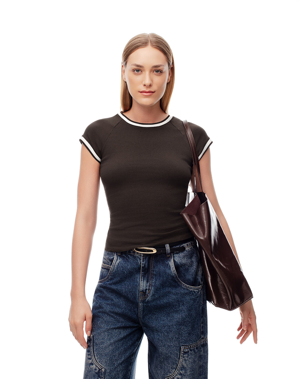 Camiseta slim algodón chocolate mujer