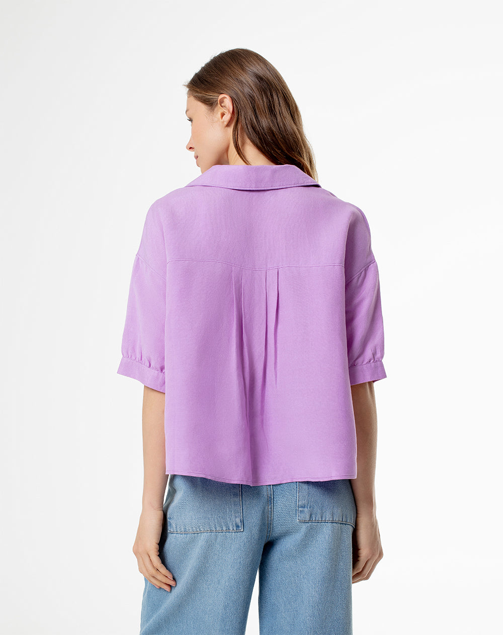 Camisa manga corta holgada lino violeta mujer