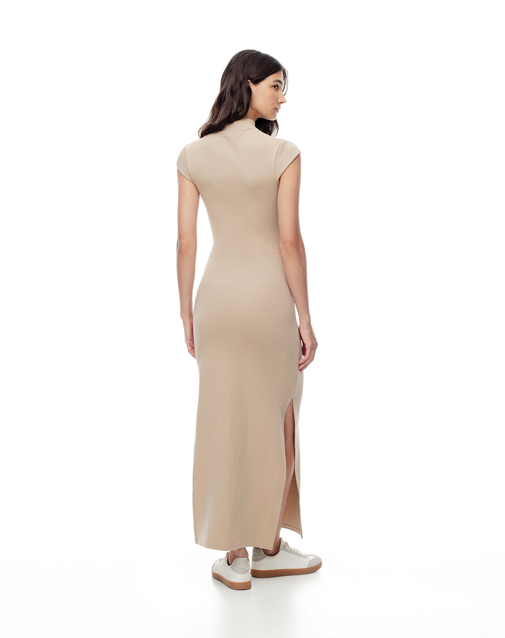 Vestido largo slim algodón caqui mujer