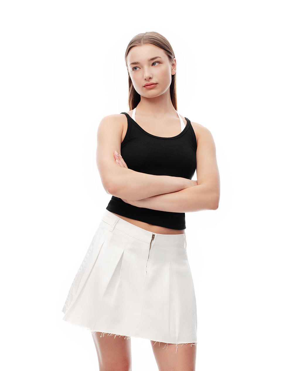 Falda corta tiro alto denim blanca mujer