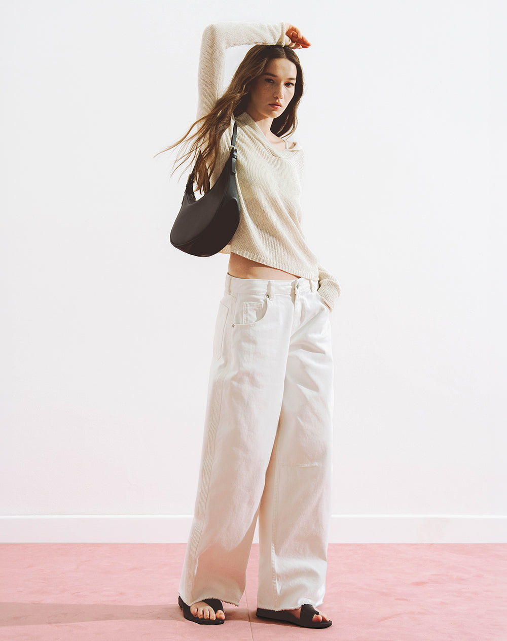 Pantalón wide leg tiro medio drill crudo mujer