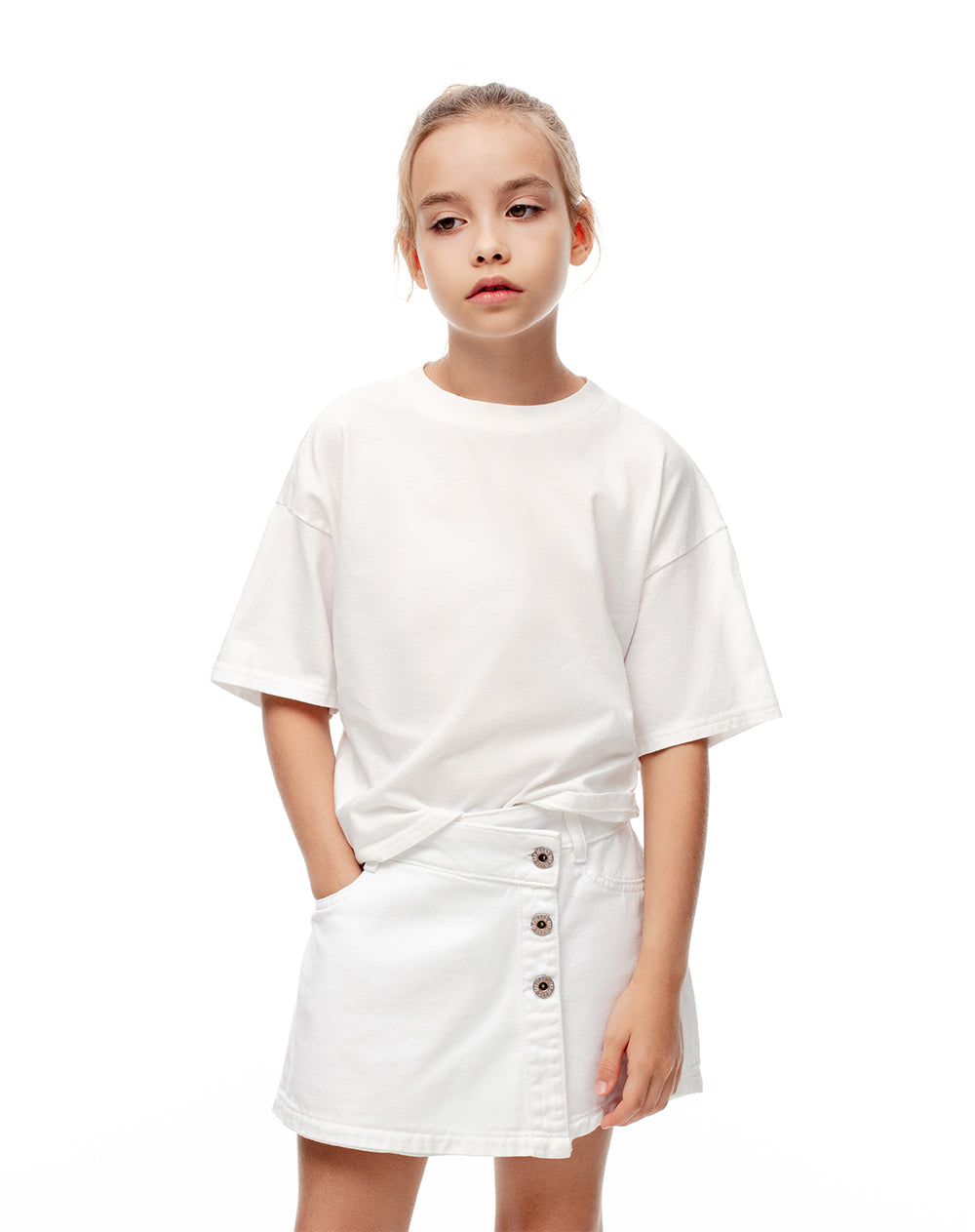 Falda short denim blanca niña