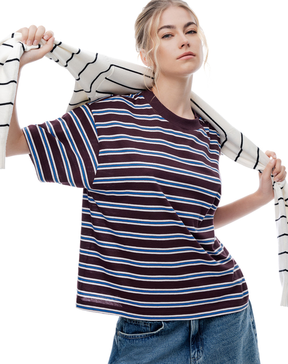 Camiseta relaxed manga corta vino tinto rayas mujer