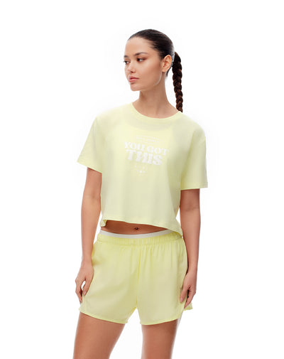 Camiseta cro regular algodón amarilla estampada mujer