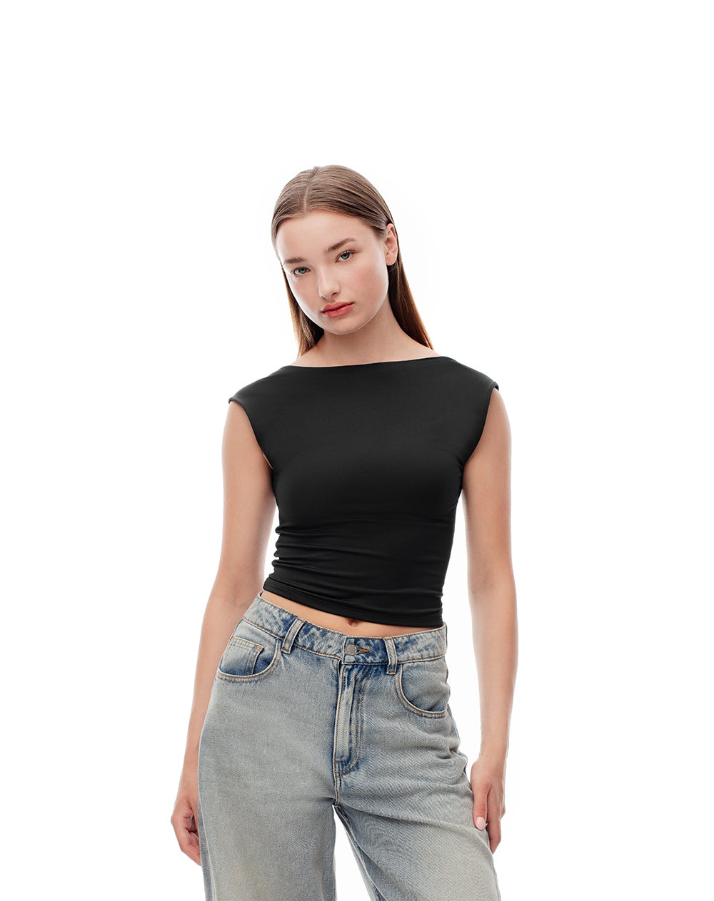 Camiseta crop slim doble tela negra mujer