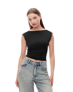 Camiseta crop slim doble tela negra mujer