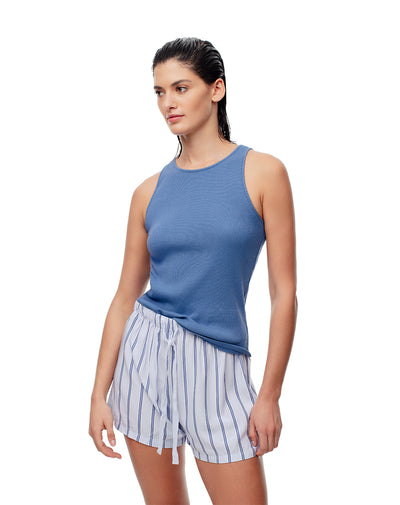 Camiseta esqueleto slim rib algodón azul mujer