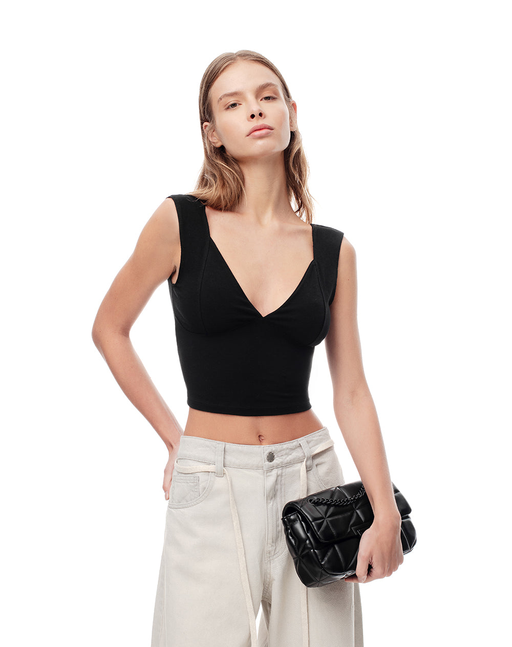 Crop top slim algodón negra mujer