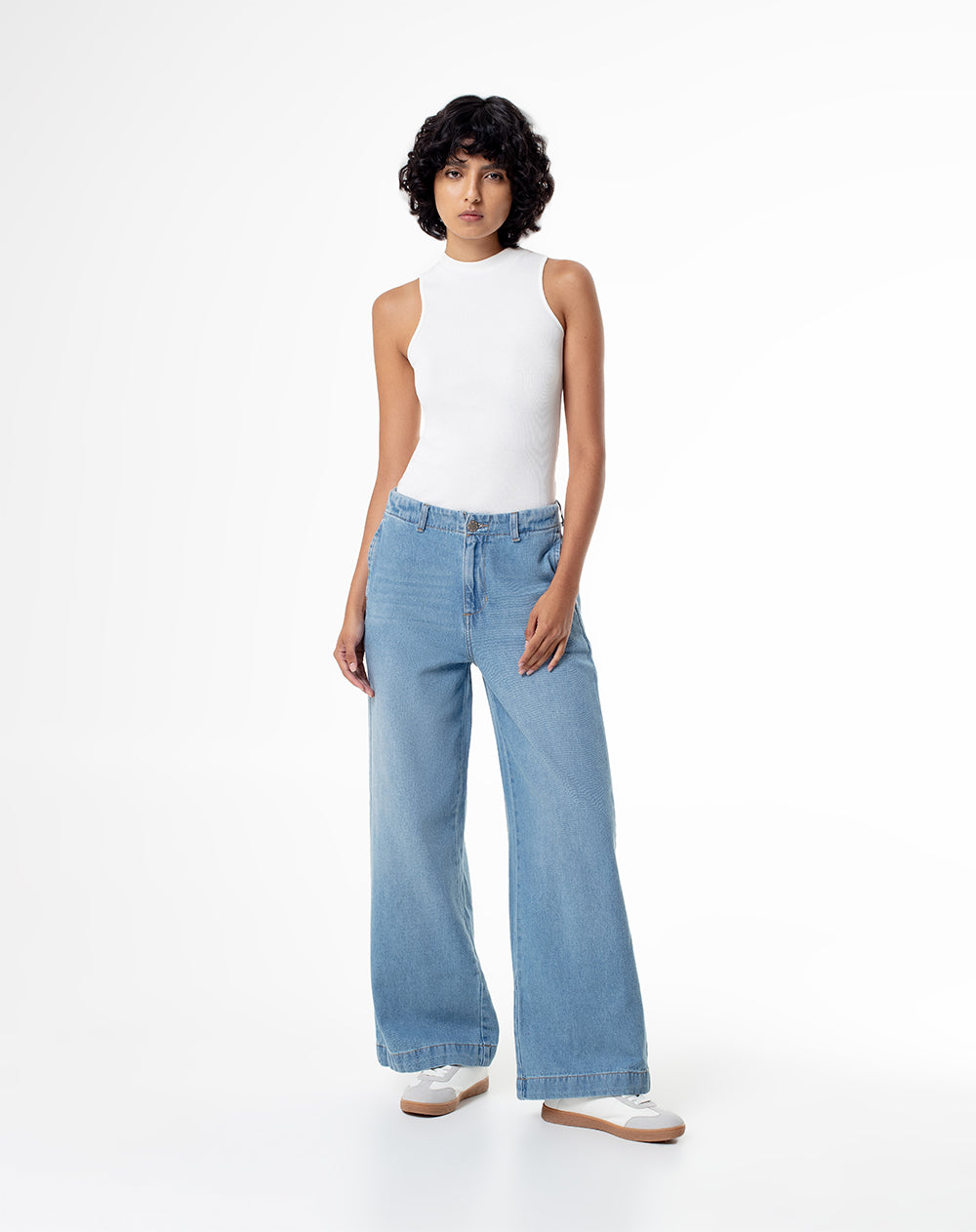 Jean wide leg tiro medio 100% algodón índigo claro mujer