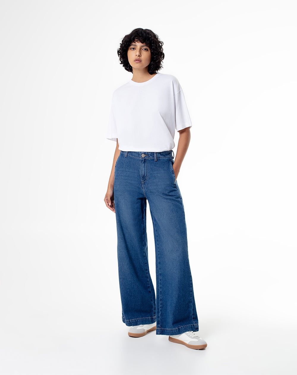 Jean wide leg tiro medio 100% algodón índigo oscuro mujer