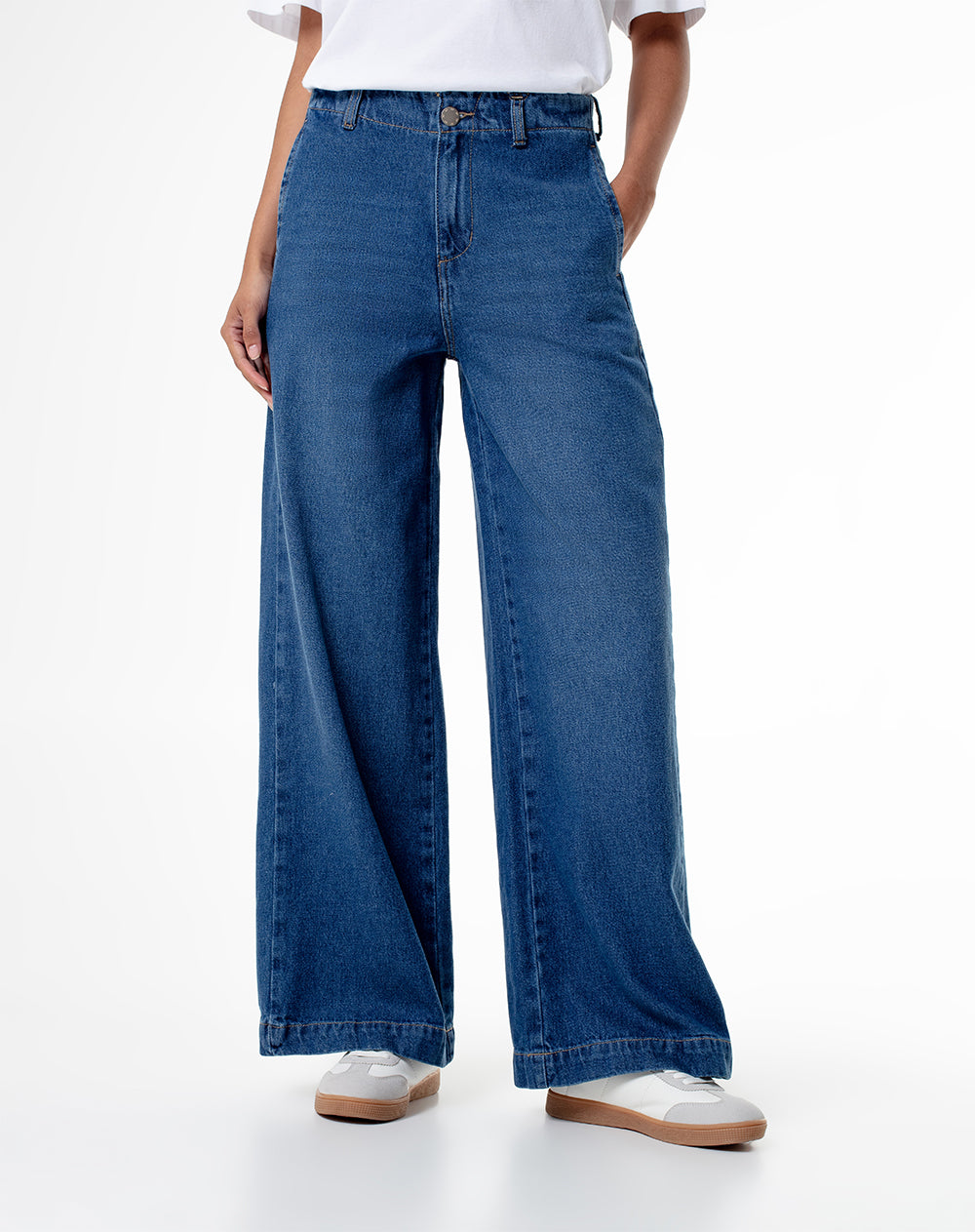 Jean wide leg tiro medio 100% algodón índigo oscuro mujer