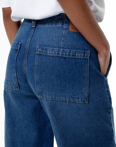 Jean wide leg tiro medio 100% algodón índigo oscuro mujer