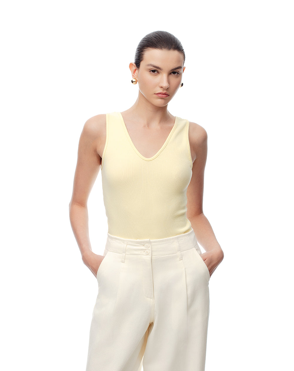 Camiseta manga sisa slim rib algodón amarilla mujer