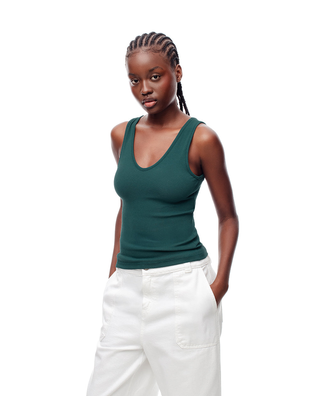 Camiseta manga sisa slim rib algodón verde mujer