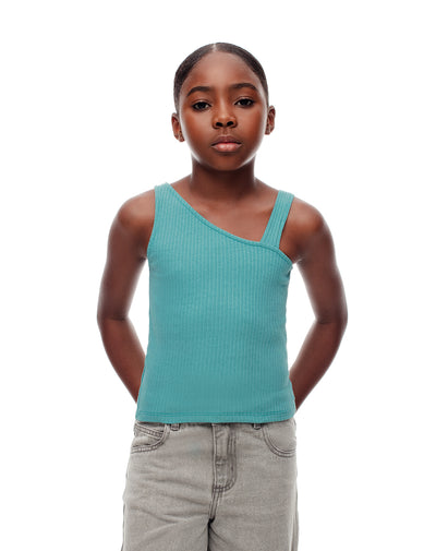 Camiseta regular sin mangas rib algodón azul niña