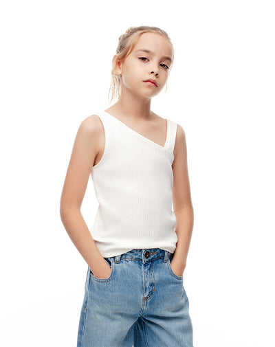 Camiseta regular sin mangas rib algodón blanca niña