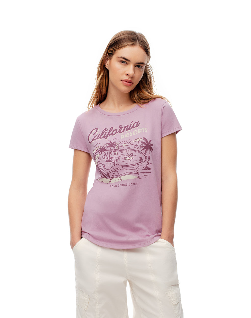 Camiseta regular algodón lila estampada mujer