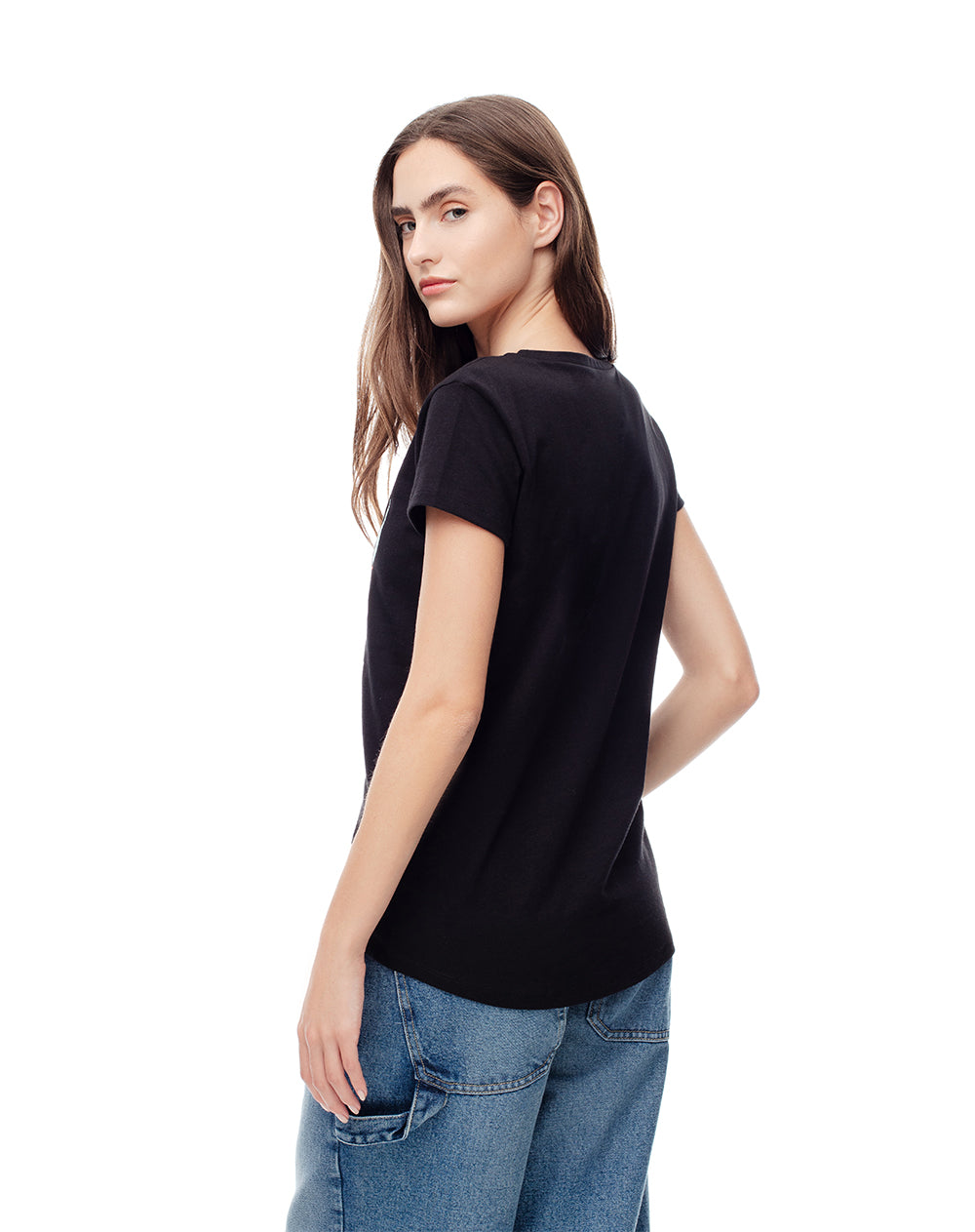 Camiseta regular algodón negra estampada mujer