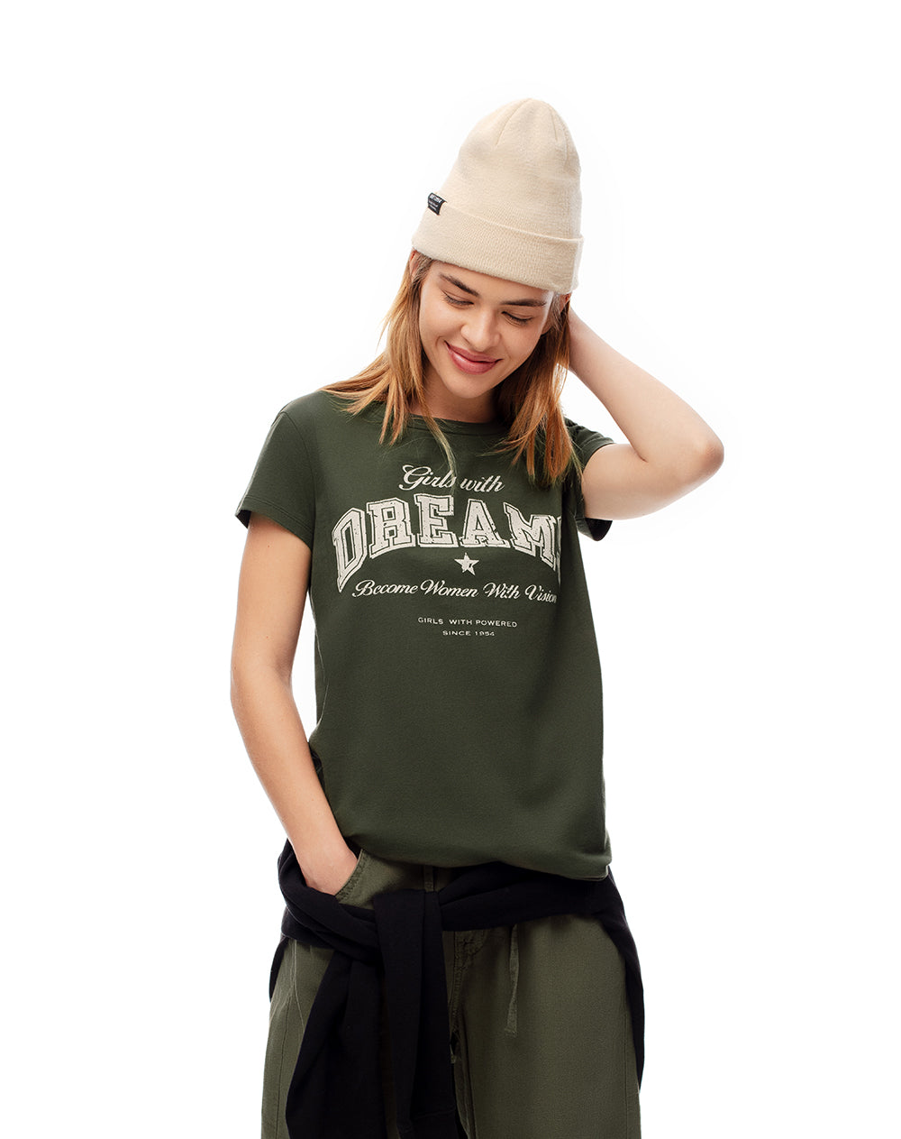 Camiseta regular algodón verde estampada mujer