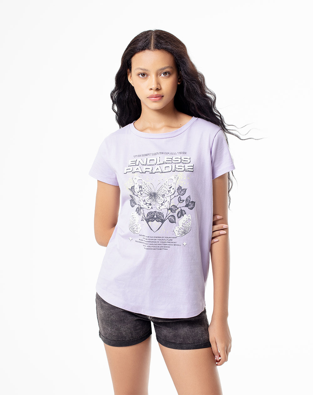 Camiseta regular algodón lila estampada mujer