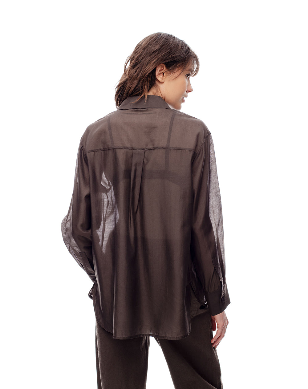 Camisa manga larga oversize transparencia chocolate mujer