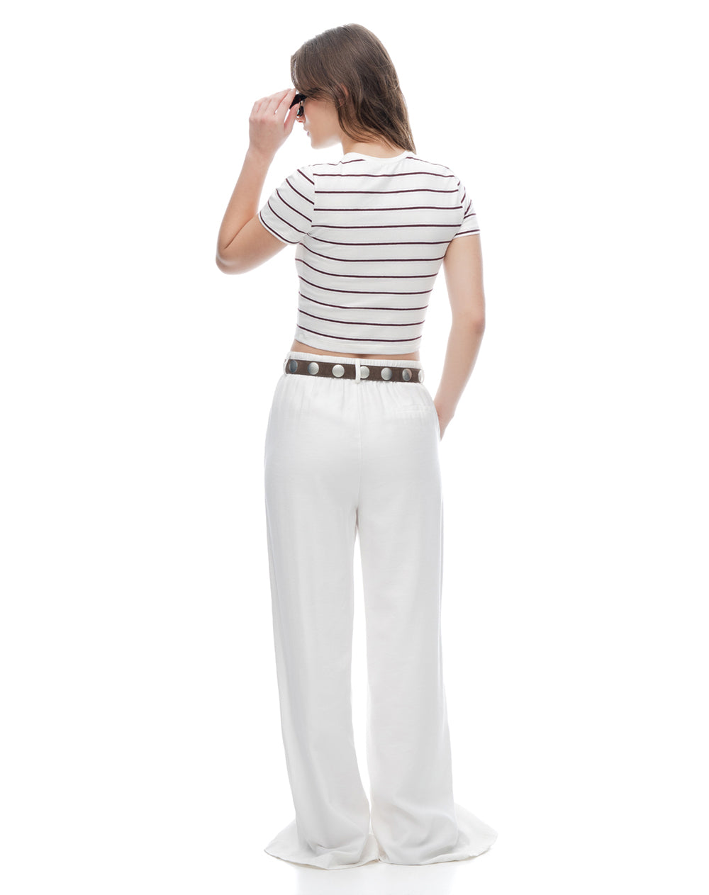 Camiseta slim manga corta crudo rayas mujer