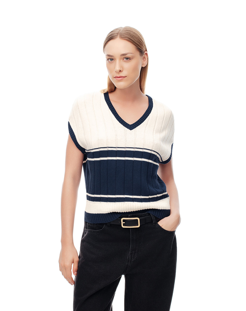 Chaleco tipo preppy tejido de punto crema mujer