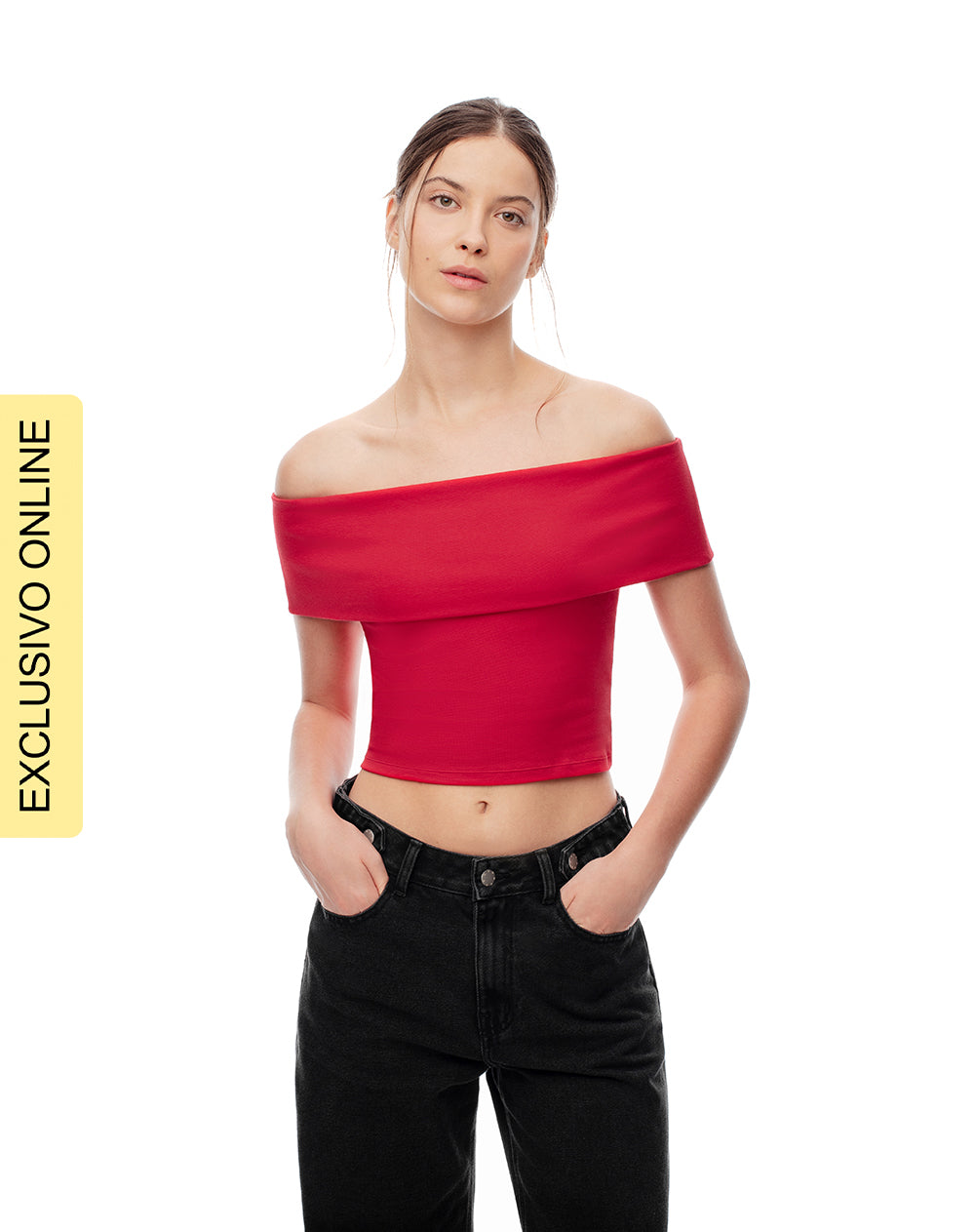 Top off-Shoulder slim algodón rojo mujer