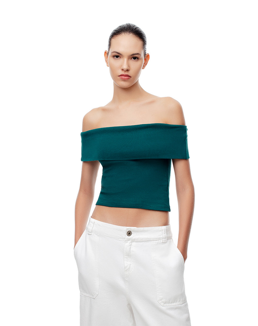 Top off-shoulder slim algodón verde mujer