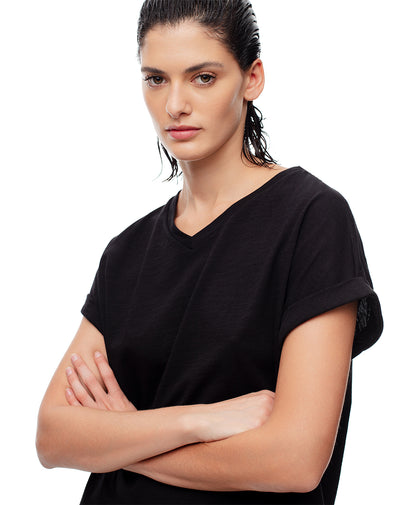 Camiseta regular algodón negra mujer