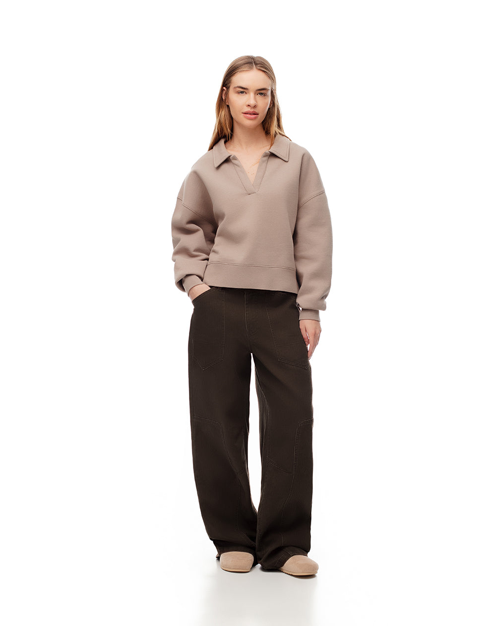 Pantalón wide leg tiro medio drill algodón chocolate mujer