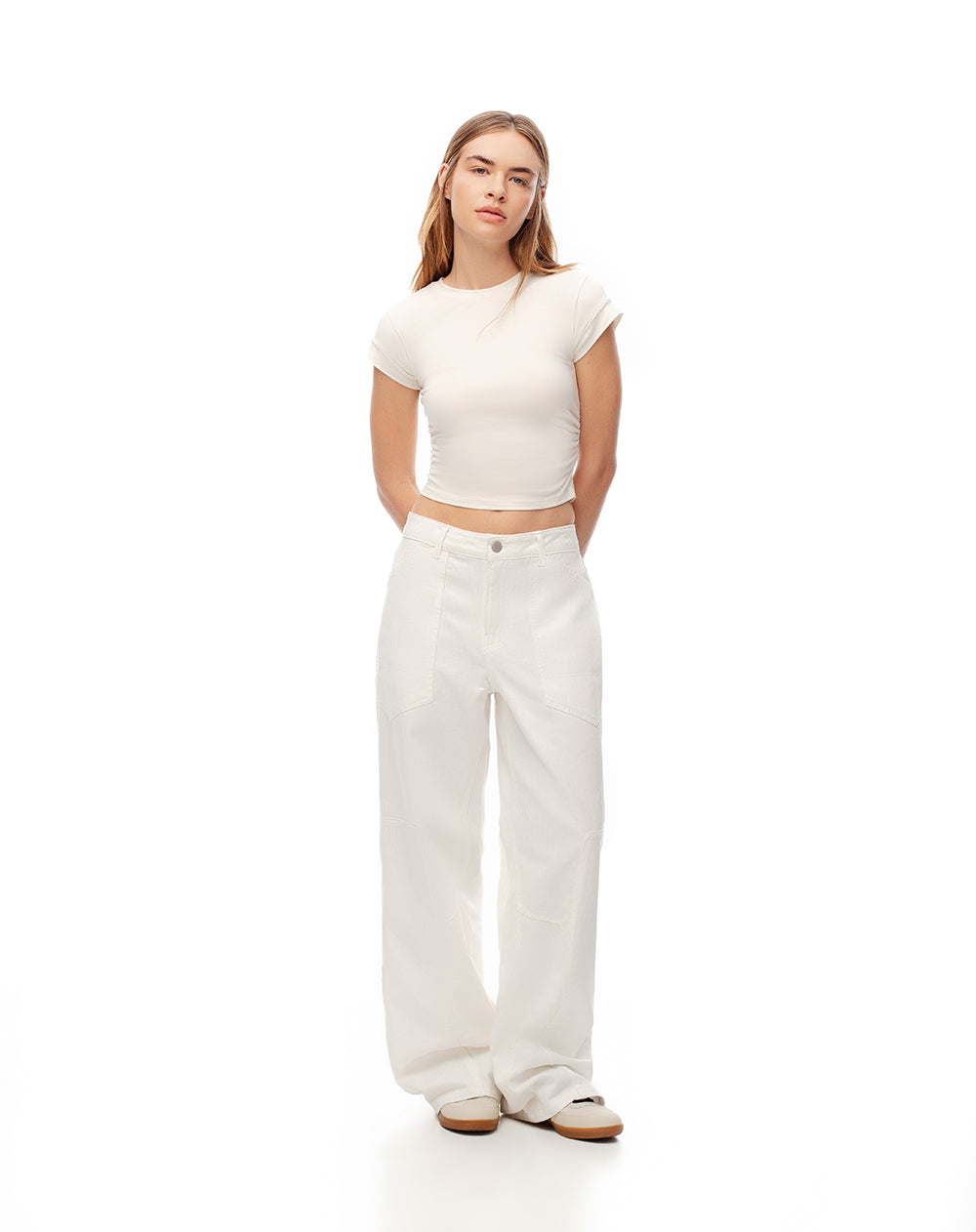 Pantalón wide leg tiro medio en drill algodón habano mujer