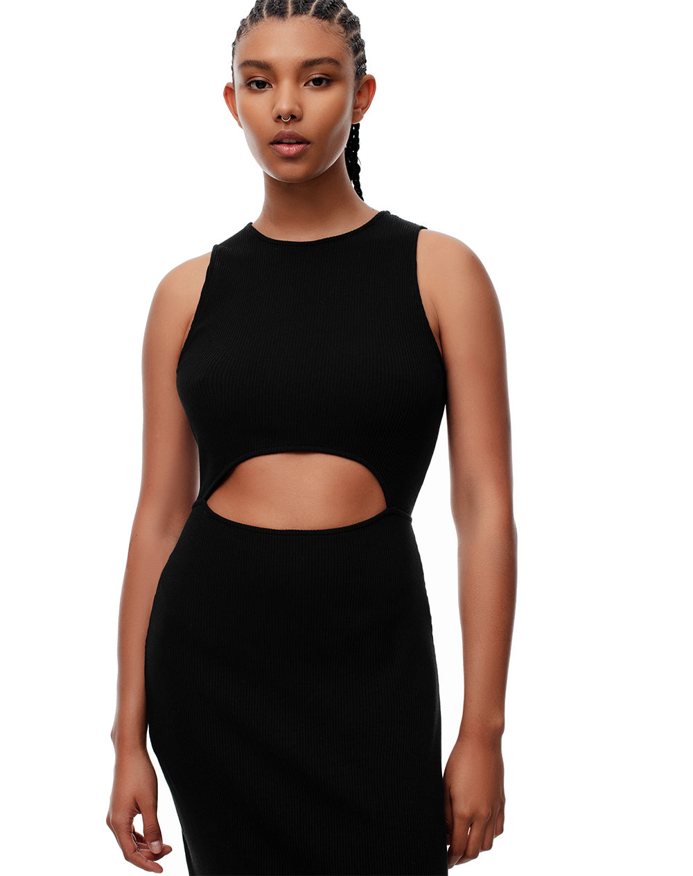 Vestido midi slim rib algodón negro mujer