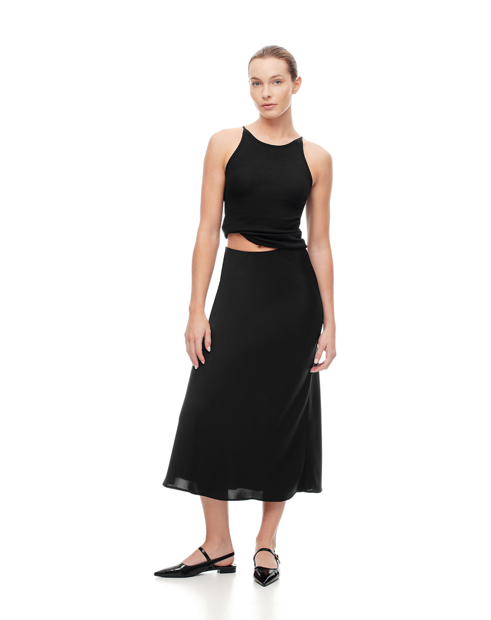 Falda midi tiro alto satín negra mujer