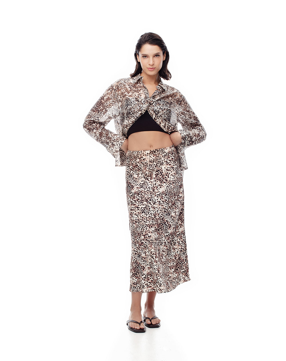Falda midi tiro alto satín print mujer