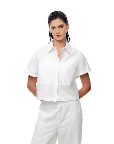 Camisa manga corta oversize crop algodón blanca mujer