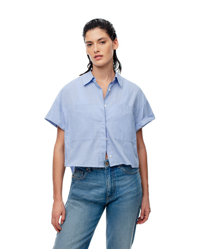 Camisa manga corta oversize crop algodón rayas mujer