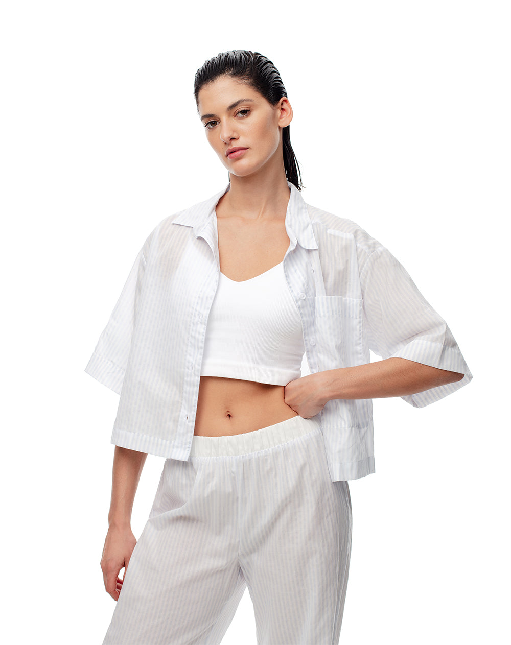 Camisa manga corta holgada algodón rayas mujer