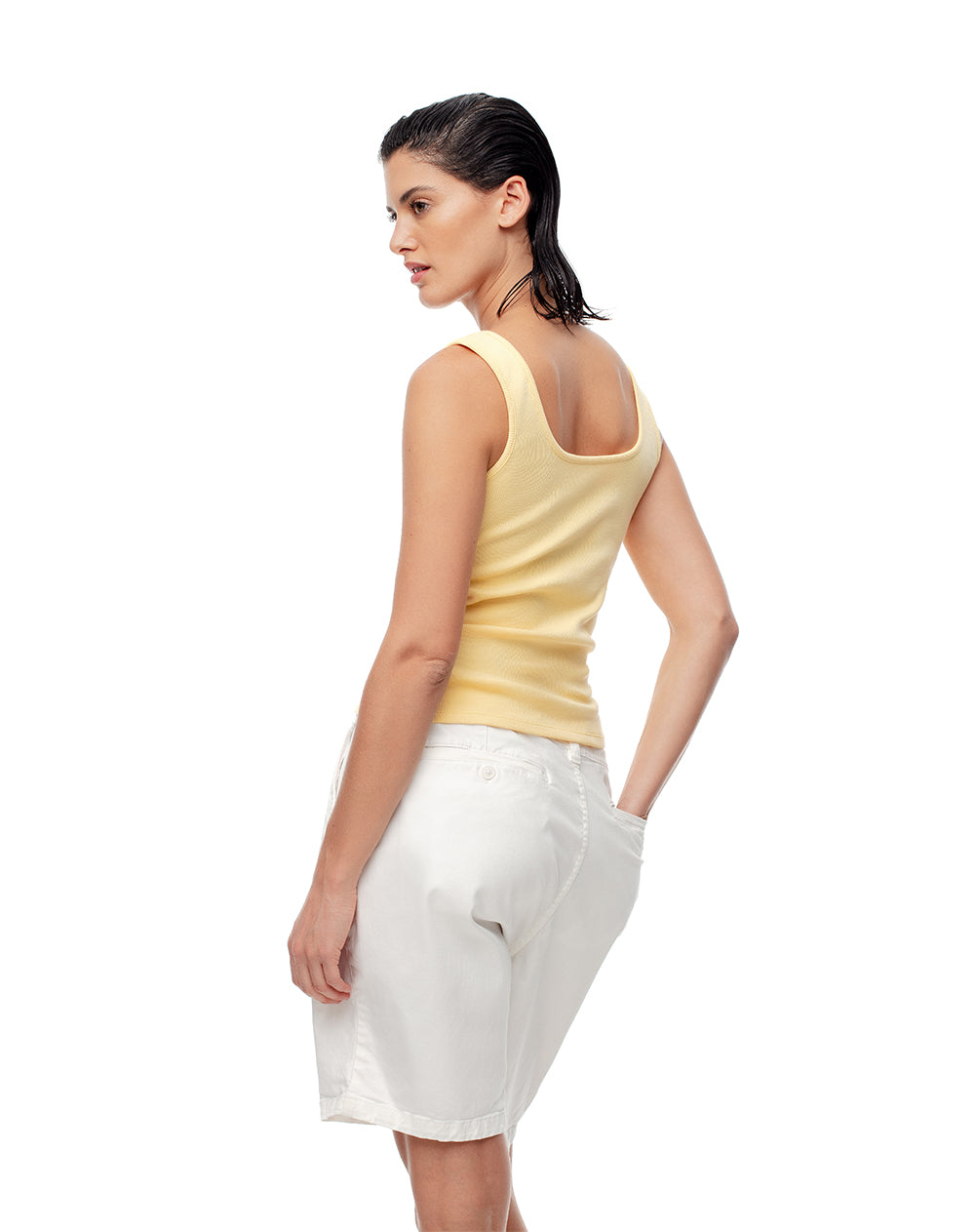 Camiseta slim sin mangas rib algodón amarilla mujer