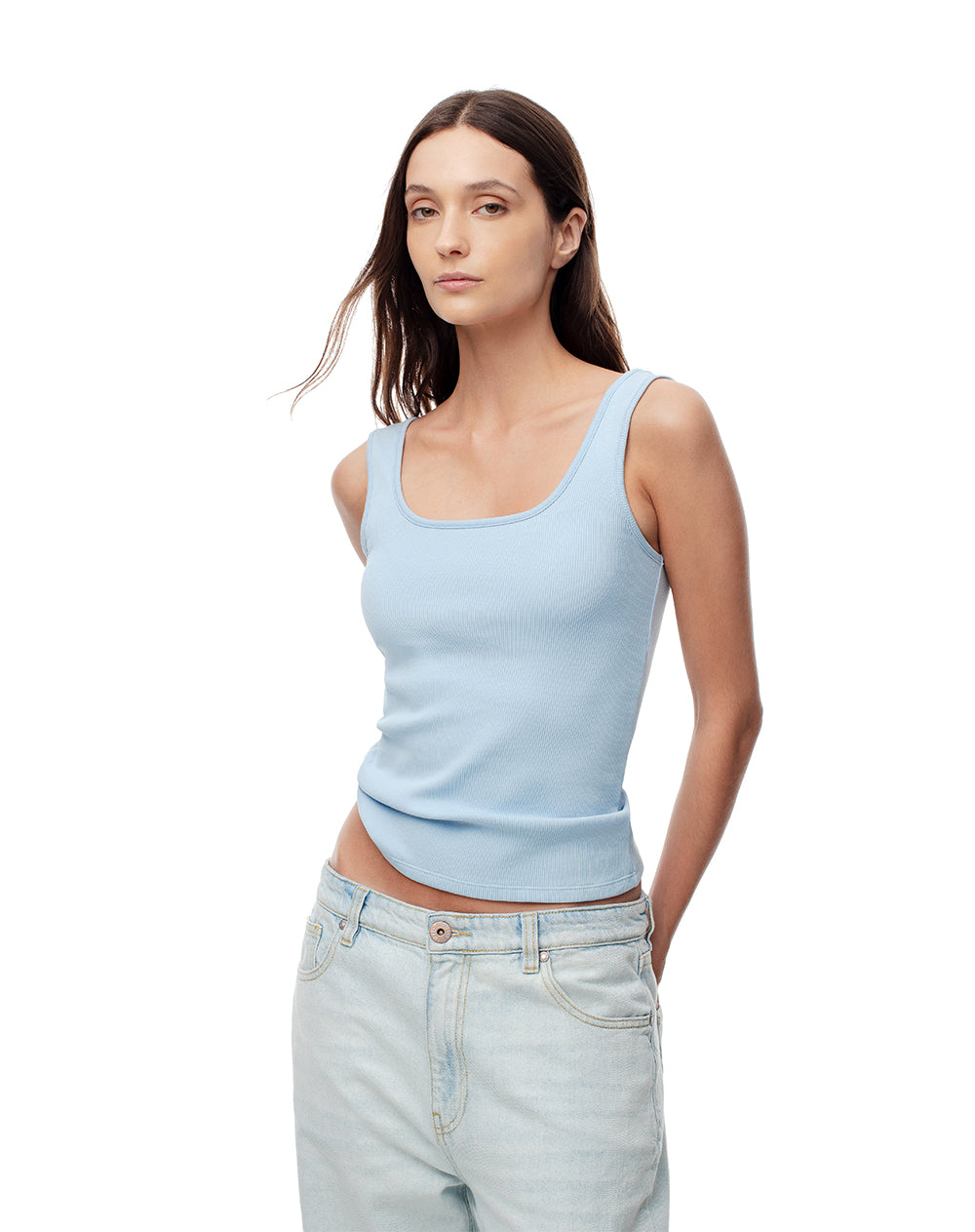 Camiseta manga sisa slim rib algodón azul mujer