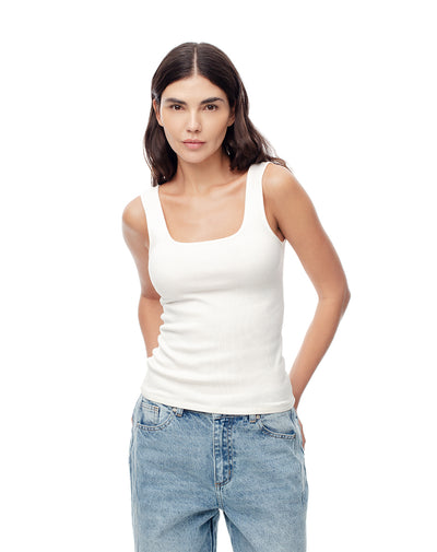 Camiseta slim sin mangas rib algodón blanca mujer
