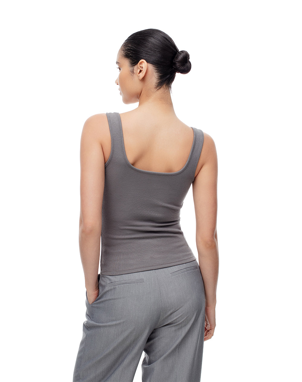 Camiseta slim sin mangas rib algodón gris mujer