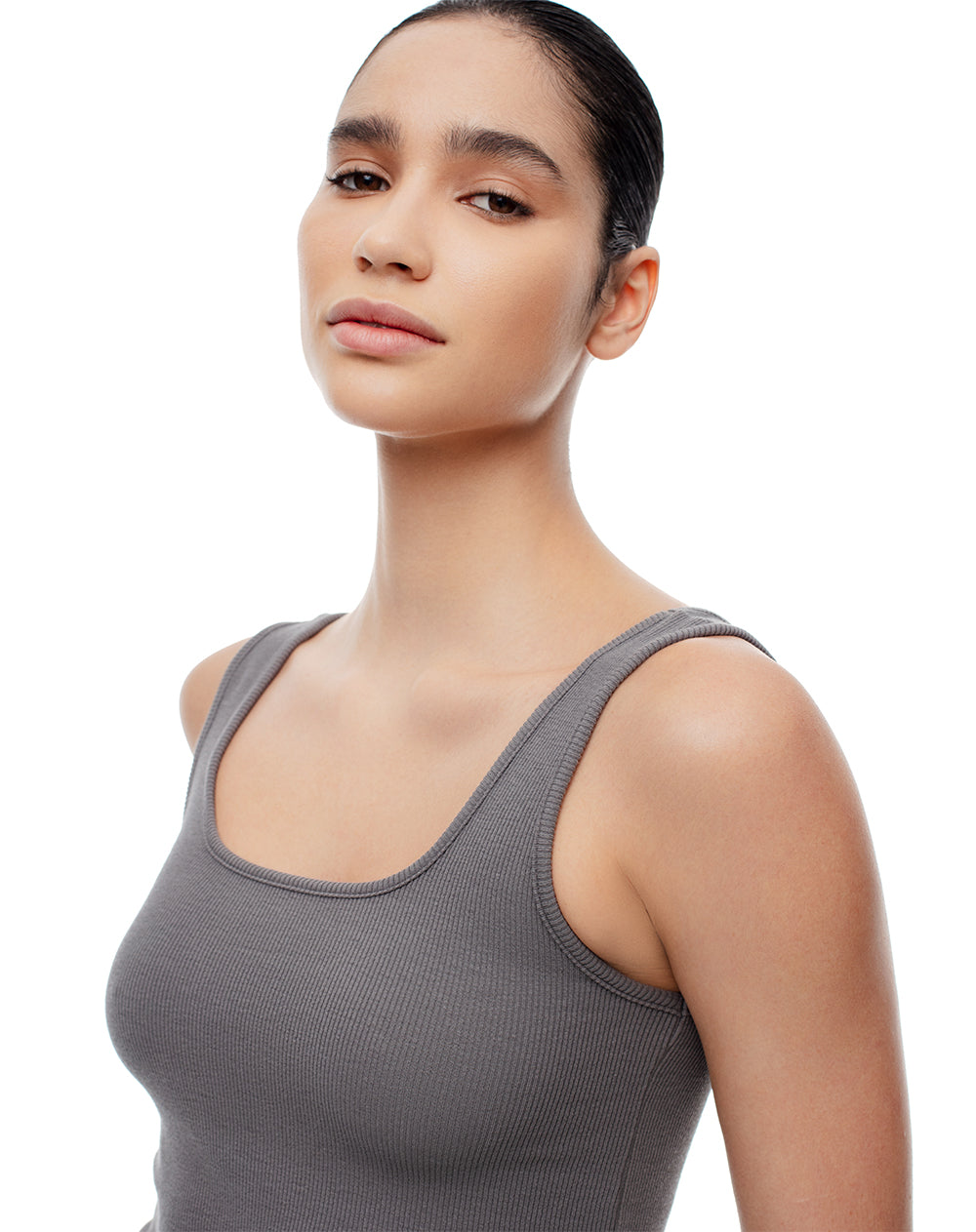 Camiseta manga sisa slim rib algodón gris mujer