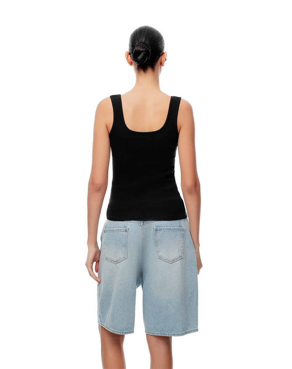 Camiseta manga sisa slim rib algodón negra mujer