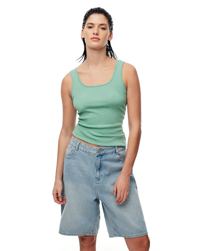 Camiseta slim sin mangas rib algodón verde mujer