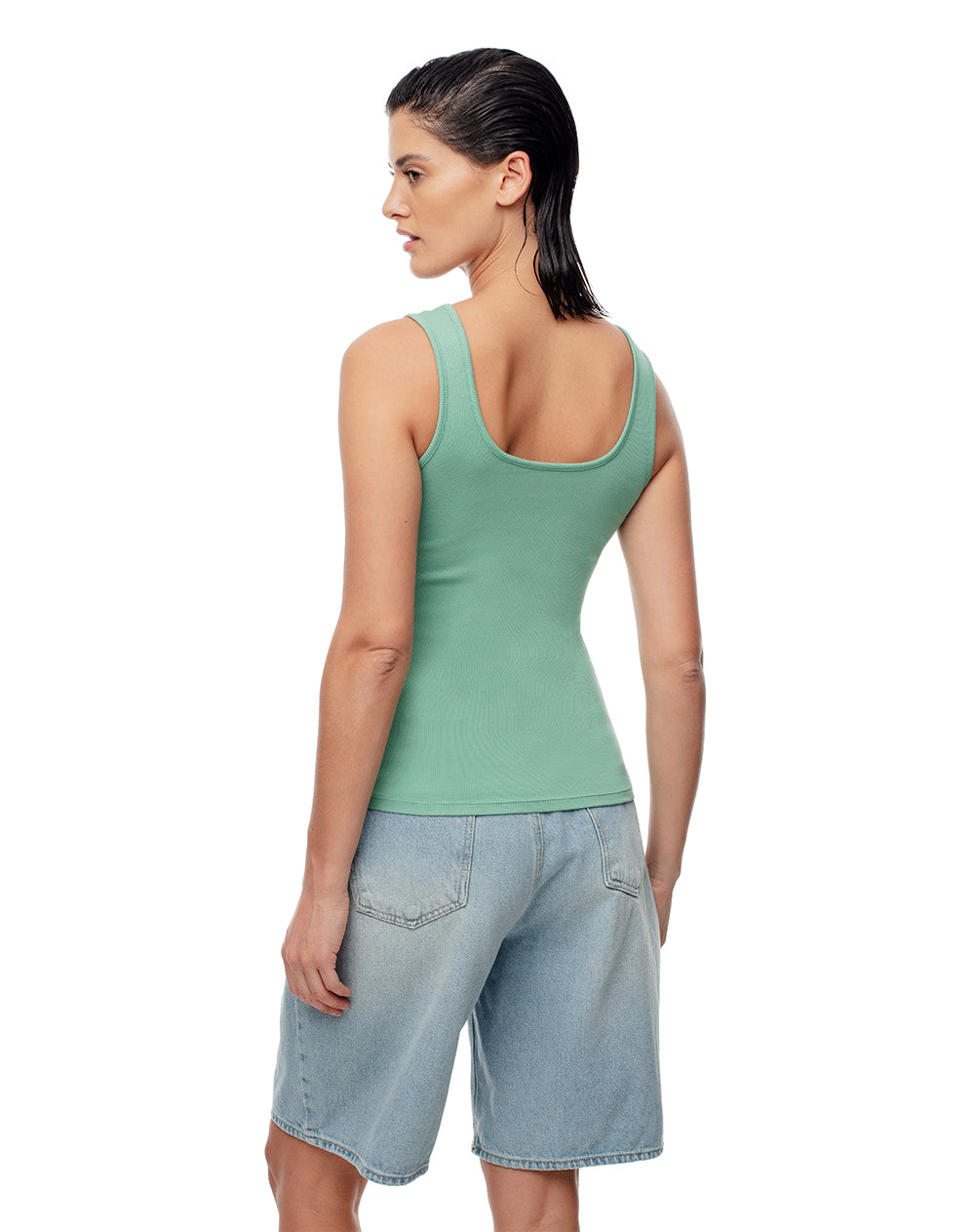 Camiseta slim sin mangas rib algodón verde mujer